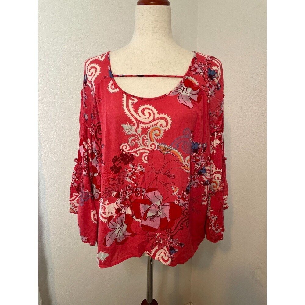 Angie Womens Floral Paisley Boho Peasant Top Rayon Bell Sleeve Size M Pink Flowy